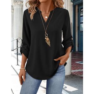 3/4 Length Sleeve Womens Tops V Neck T Shirts Both Side Buttons Blouses Business Casual Outfits Loose Fit (Black) 3XL