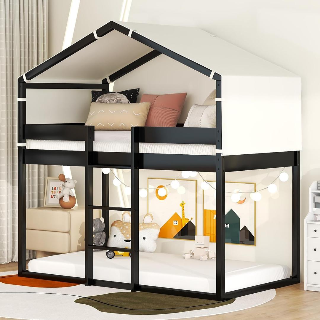 Twin Over Twin Bunk Bed Wood Beds with Tent and Ladder,House-Shaped Solid Pinewood Bed Frame W/Full-Length Guardrails,& Slat Support,for Kids,Girls,Boys,Teens,Espresso