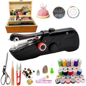 Handheld Sewing Machine with Exquisite Wooden Storage Box & 142-Piece Sewing Kit - Electric Switch, Dual Power Supply, Assorted Needles, Threads, Heavy Duty Scissors - Meets All Household Sewing Needs
