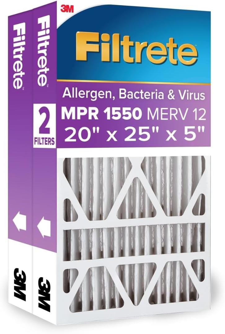 Filtrete 20x25x5 AC Furnace Air Filter, MPR 1550, MERV 12, Fits Trion AirBear, CERTIFIED Asthma & Allergy Friendly, Electrostatic Air Cleaning Filter, 1-Pack (actual size 19.56 x 24.13 x 4.75)