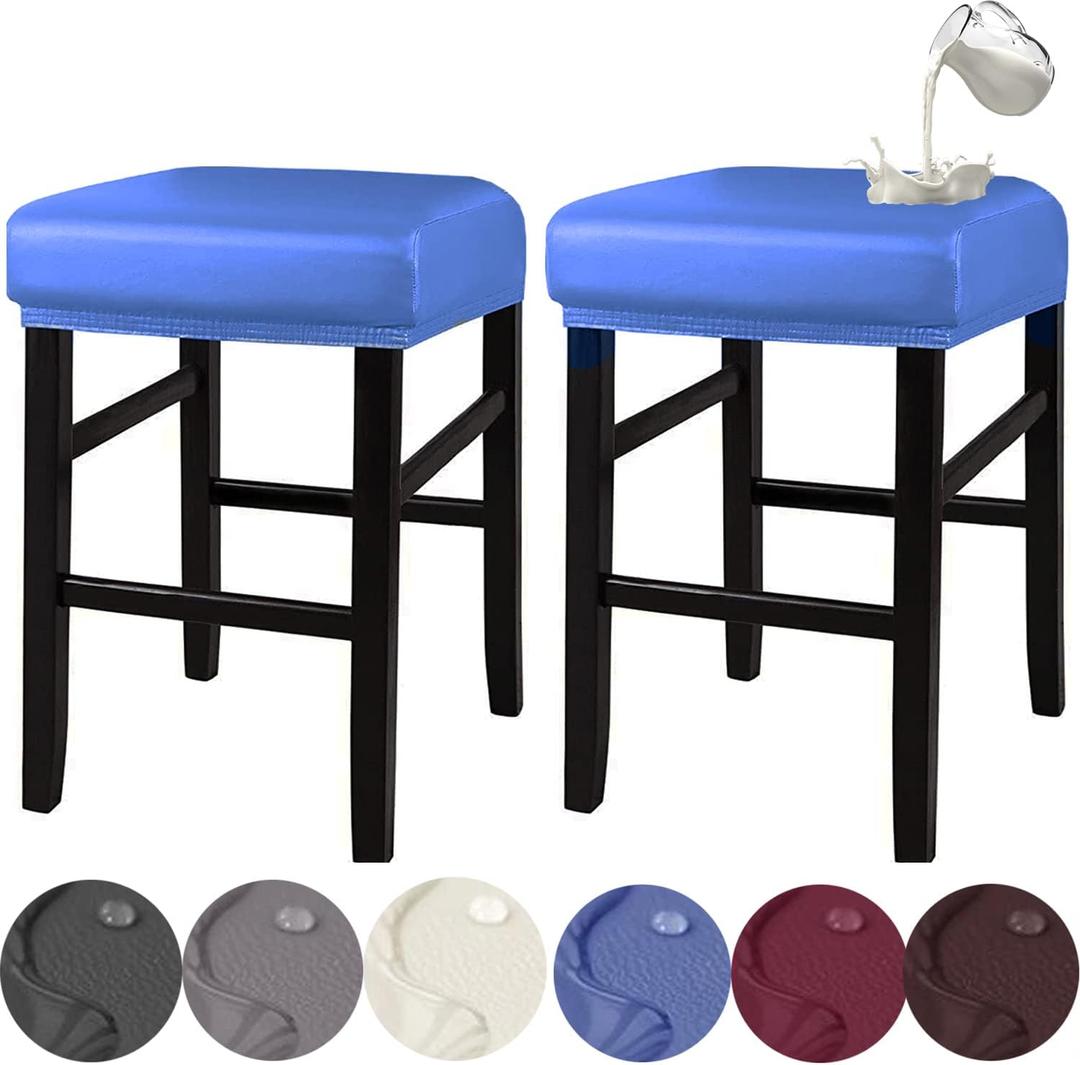 HFCNMY Stool Covers Rectangle, Stretch Waterproof PU Rectangle Bar Stool Covers Vanity Stool Cover Washable Counter Stool Covers Saddle Seat Cover with Elastic Bands(2 Pack,Blue)