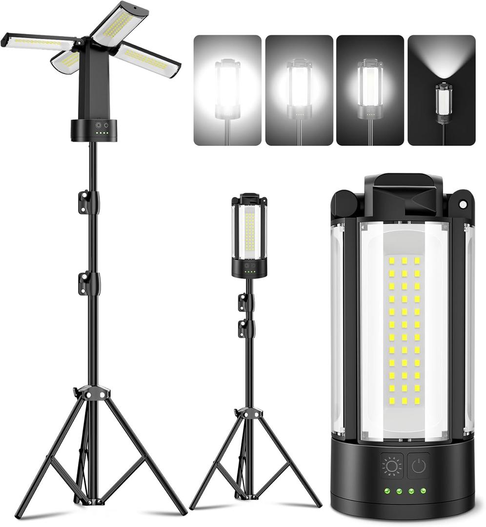 CORESLUX Rechargeable Camping Lights with Stand, 6000K Portable Work Light, 4 LED Lamp Heads Magnetic Flashlight with Detachable Tripod Camping Essentials for Outdoor Work, Garage, Camping, Fishing