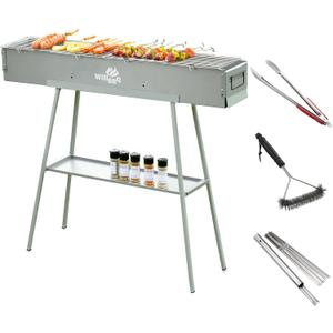 WILLBBQ Charcoal Grill for Tailgate Patio Beach Backyard, Alloy Steel BBQ Barbecue Outdoor Grilling with Durable Support Frame and Dual Adjustable Vents (39.4x7.1x5.1 inch With Accessories)