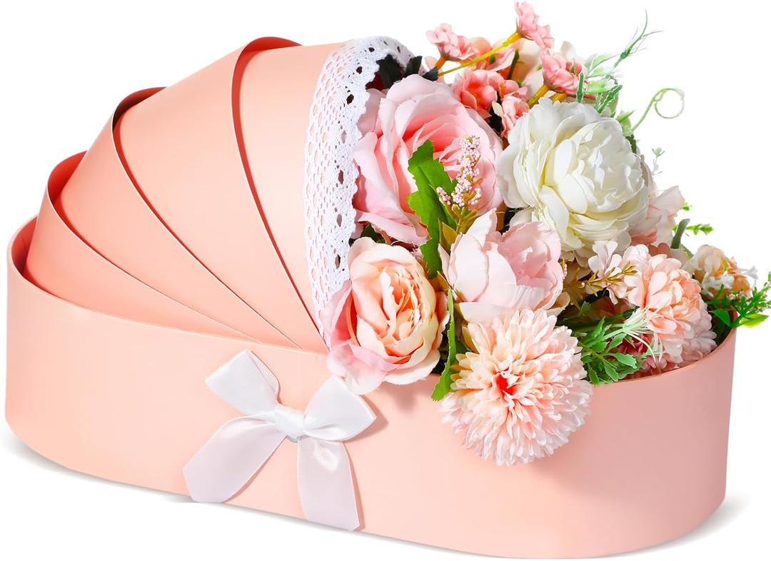 Sabary Baby Carriage Flower Cradle Floral Basket Pink Crib Flower Arrangement Basket Paper Cardboard Box for Gender Reveal Baby Shower Favors Wedding Celebrations