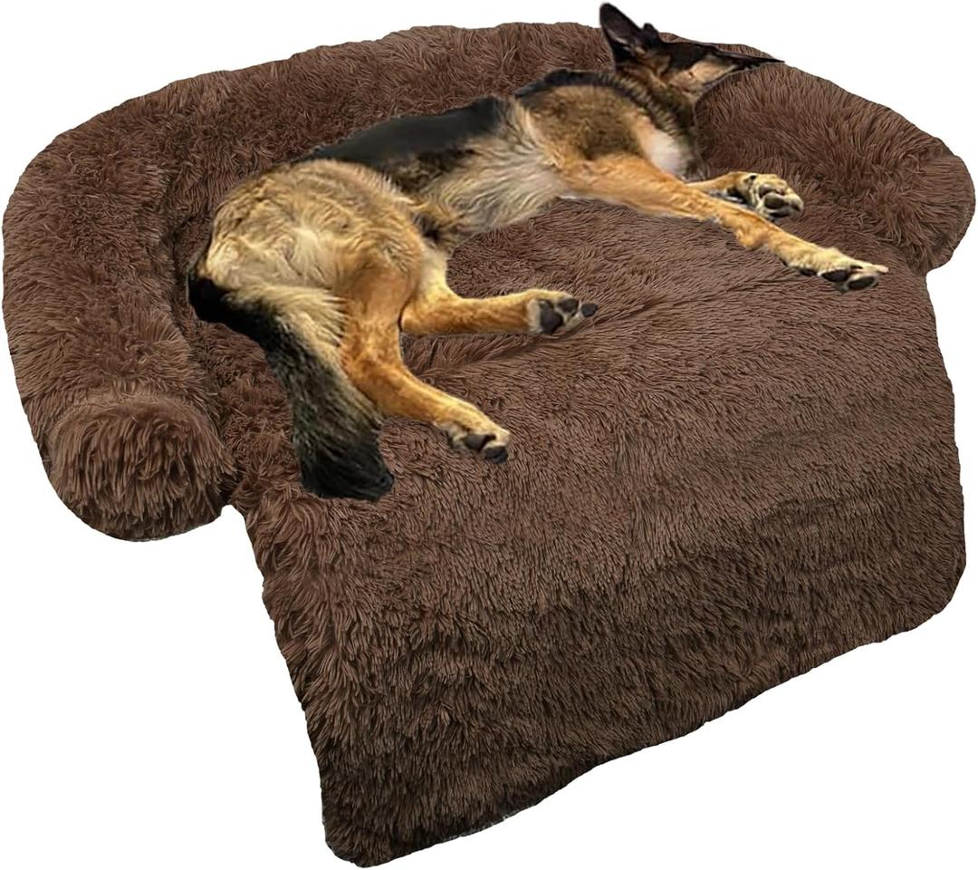 GGIB Calming Dog Bed Fluffy Plush Dog Mat for Furniture Protector with Removable Washable Cover for Large Medium Small Dogs and Cats (Large, Coffee) (45.0"L x 37.0"W x 6.0"Th)