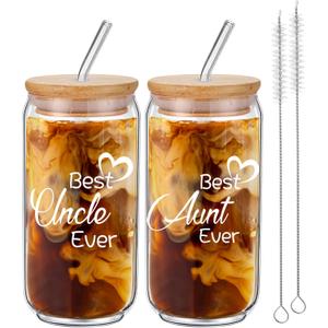 Sliner 2 Pcs Christmas Aunt Uncle Gifts, Best Aunt and Uncle Ever Gifts from Niece, Nephew, Xmas thank you present for Couple, 16 oz Glass Cups with Bamboo Lid Straw(Simple)