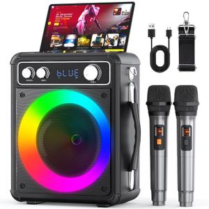 Karaoke Machine, Portable Bluetooth Karaoke Speaker with 2 Wireless Microphones, PA System for Adults Kids with LED Lights, Supports REC/FM/AUX/USB/TF for Home Party (T03-L)