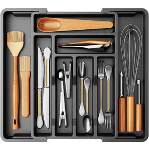 Pipishell Silverware Drawer Organizer, Expandable BPA-Free Kitchen Utensil Storage Tray for Forks, Spoons and Knives, Black Plastic Cutlery Holder
