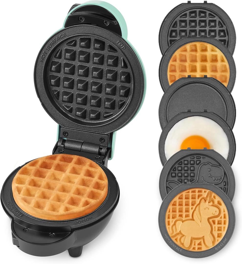 Dash MultiMaker® Mini System  Compact Waffle Maker for Family Breakfasts  Removable Griddle Plates & nonstick surface  6 Plates  Aqua