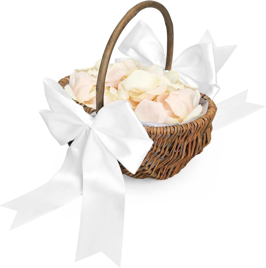 LemonRoad 1 Pcs Flower Girl Basket Wicker Rattan Small Flower Girl Baskets with Large White Ribbon Bow and Handle Retro Decoration Hand Woven for Wedding Candy Storage Picnic Home (Classic Style)