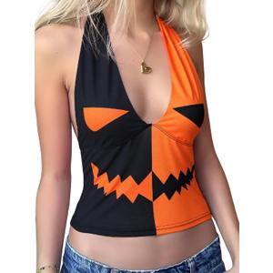 Halter Tops for Women Summer Crop Deep V Neck Blackless Tank Top Going Out Y2k Coquette Clothes (Orange, S)