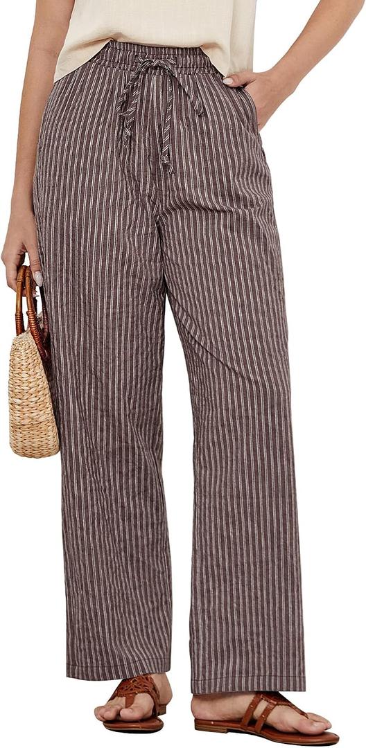 GRAPENT Striped Pants for Women High Waisted Wide Leg Cotton Linen Trendy Beach Pull on Elastic Waist Casual Flowy Pants, L