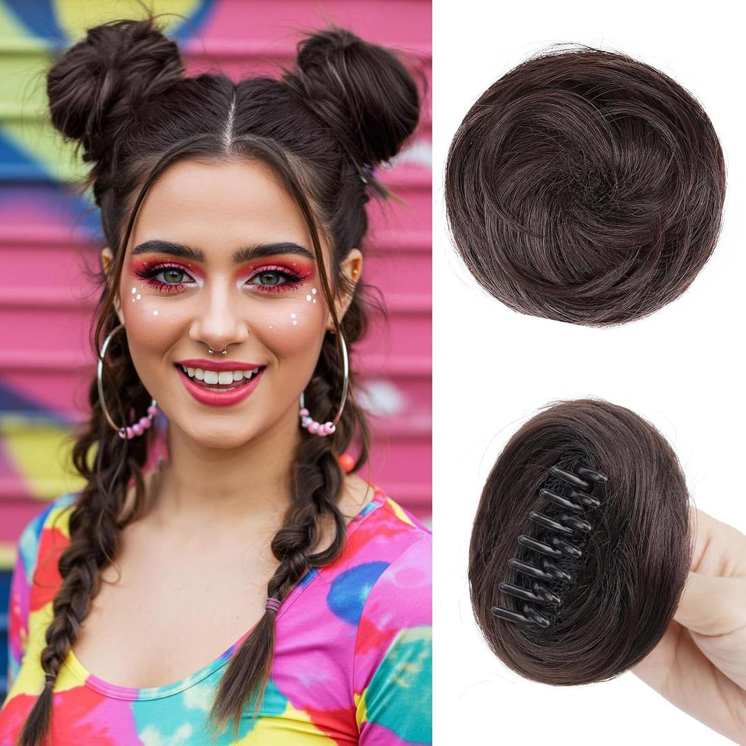 Hair Buns Hair Pieces for Women, 2PCS Space Buns Extension Claw Clip on Bun Hair Piece Synthetic Fake Hair Bun Hairpieces for Women Kids Girls (Dark Brown)