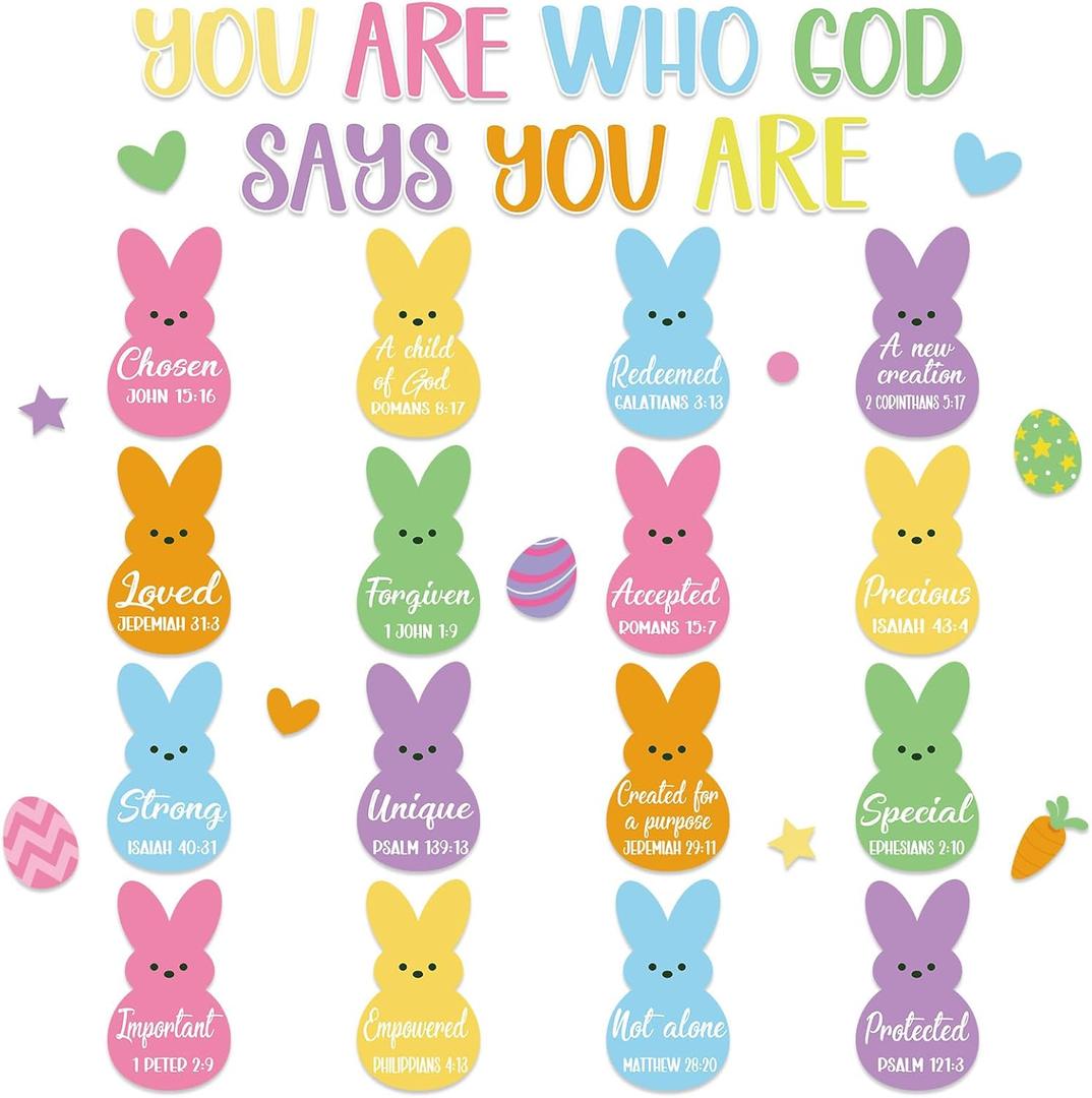 Easter Bulletin Board Decorations Set Bunny Easter Christian Classroom Decor Eggs God Says You are Paper Cutouts Religious Jesus Bulletin Board for Spring Sunday School Door Wall Chalkboard Church