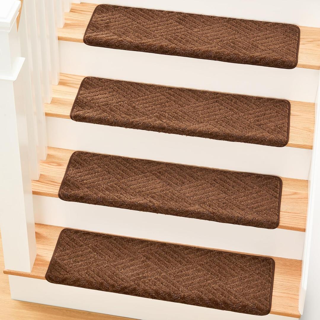 MBIGM Bullnose Non-Slip Stair Treads w/Reusable Adhesive 14 Pack 9.5" x 30" Wooden Steps Protection - TPU Backing with Steel Reinforcement - Anti-Slip Solution Basketweave Brown Non Slip Stair Tread