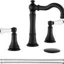 Porcelain 2-Handle Bathroom Faucet Black Matte 8 inch Widespread with Pop-Up Drain & 2Pcs Water Supply Lines, Classical 3-Hole Bathroom Vanity Sink Faucets, High Arc 360 Swivel Brass Spout