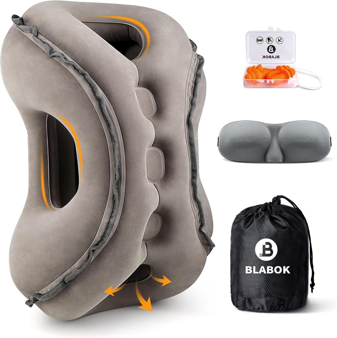 Inflatable Travel Pillow,Multifunction Travel Neck Pillow for Airplane to Avoid Neck and Shoulder Pain,Support Head,Neck,Used for Sleeping Rest, Airplane and Home Use,with Eye Mask, Earplugs, Gray, Medium