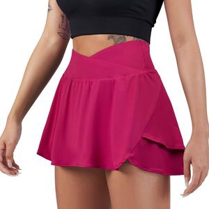 SUUKSESS Womens Pleated Tennis Skirt Crossover High Waisted Mesh Golf Skorts (Small, #4 Layered Hot Pink)