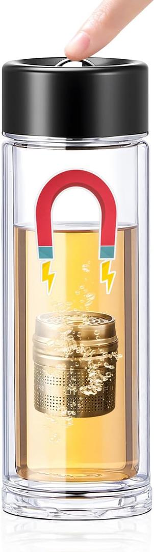 TEAVOR MagnaDrop Tea Tumbler  Double Wall Glass Tea Infuser Cup with Magnetic Steep Control & Bead Switch, Leakproof Travel Mug for Loose Leaf, 12.5oz (Midnight Black)