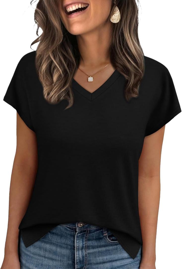WIHOLL Womens Tops Basic Summer V-Neck T-Shirts Short Sleeve Dressy Casual Loose Fit Cute Tee Clothes Trendy Fashion Outfits, Black, XL 