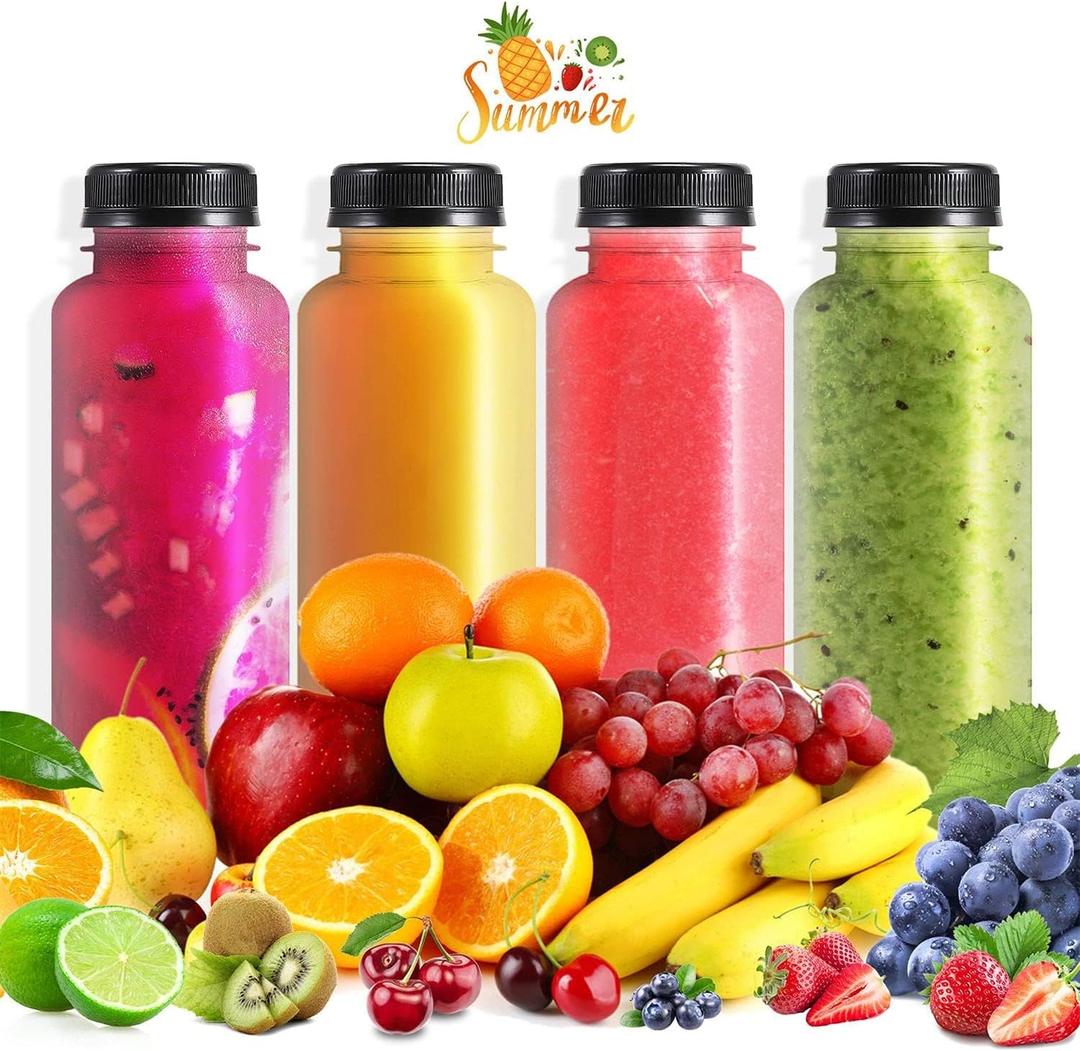 36 pcs 8oz Plastic Juice Bottles with Caps, Empty PET Disposable Plastic Bottles, Clear Bulk Drink Containers with Black Tamper Evident Lids for Juicing, Drinking and Other Beverages