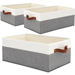 3 Pack Large Capacity Storage Bins Closet Organizer for Shelves, Fabric Closet Storage Baskets Boxes with Leather Handles for Organizing Clothes, Sheets, Jeans, Toys, Books (Grey)