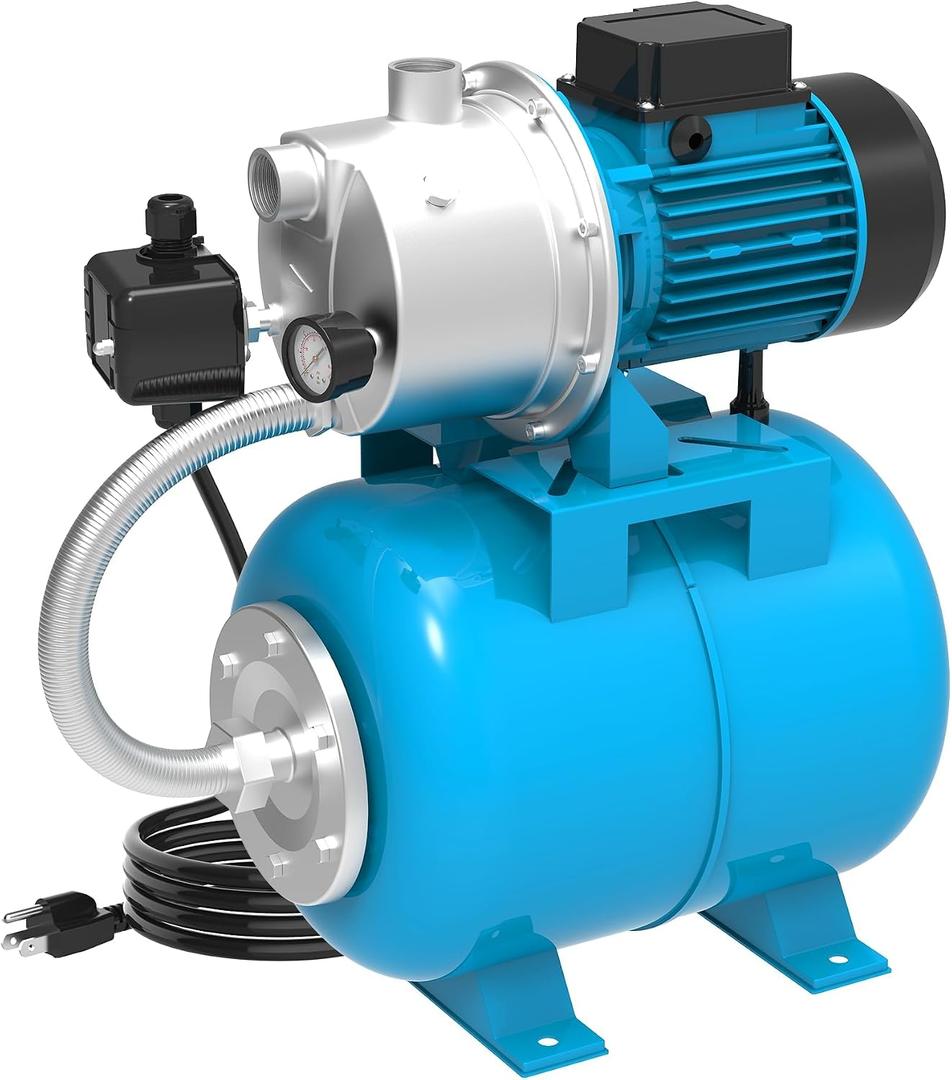 LEO Shallow Well Pump with Pressure Tank 1.5HP, Irrigation Jet Pump 1200 GPH Automatic Booster Sprinkler System,Stainless Steel Water Transfer Camp Pumps for Home, Garden, Lawn