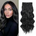 Synthetic Clip in Hair Extensions, 6 PCS 1 6 Inch Hair Extensions Clip Ins, Black Long Wavy Hairpieces(16inch, 6pcs, Black)