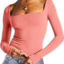 Dwnval Long Sleeve Shirts for Women - Basic Slim Fit Double Lined Square Neck Crop T Shirt, Coral Pink Small
