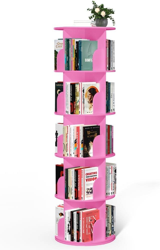 Nidouillet Rotating Bookshelf Tower, 5 Tier Spinning Bookcase Lazy Susan, Revolving 360 Book Shelf Storage Round Organizer, Vertical Rotate Turning Corner Book Case for Small Space, Pink