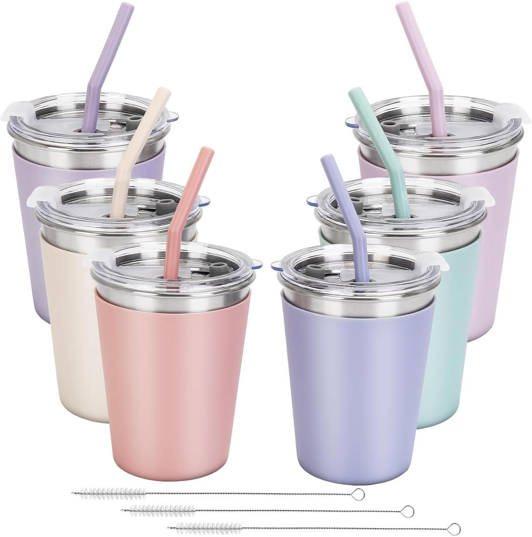 Kids Straw Cups, 6 Pack 12oz Sippy Cup With Silicone Sleeve Spill Proof, Stainless Steel Cups with Lids and Straws for Kids Girls Boys and Adults (Blue/Lilac/Mint/Pink/Beige/Peach)