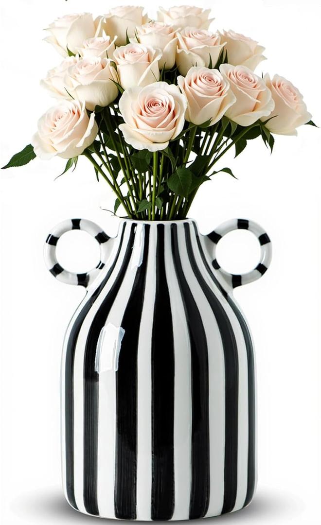 Black and White Striped Vase,Mid Century Hand-Painted Modern Ceramic Vase,Nordic Boho Vases, Black White Checkered Cute Flower Vases for Centerpiece,Living Room,Office,Home Decor (Black and White)