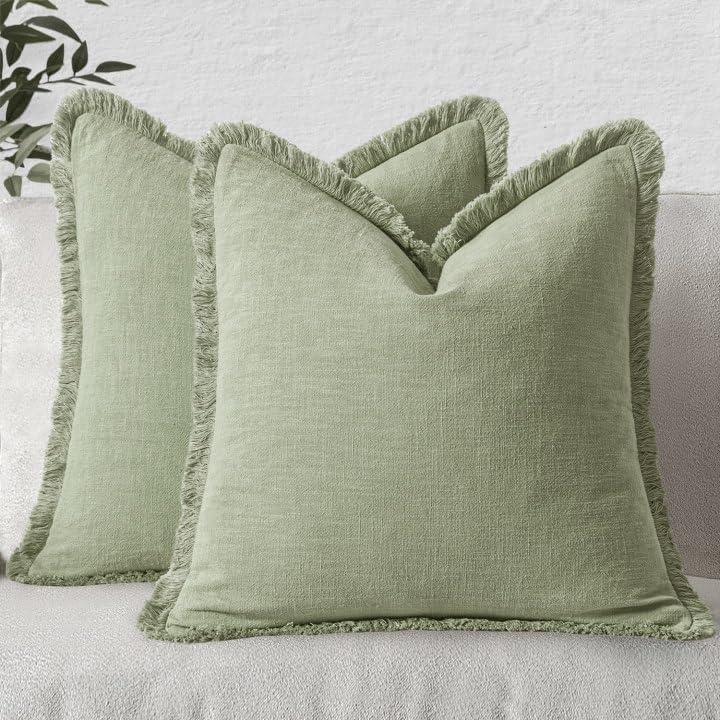 MIULEE Decorative Throw Pillow Covers Neutral Linen Fringe Throw Pillows Set of 2 Sage Green Boho Farmhouse Cushion Covers with Tassels for Couch Sofa Bed Living Room Spring Home Decor 18x18 Inch