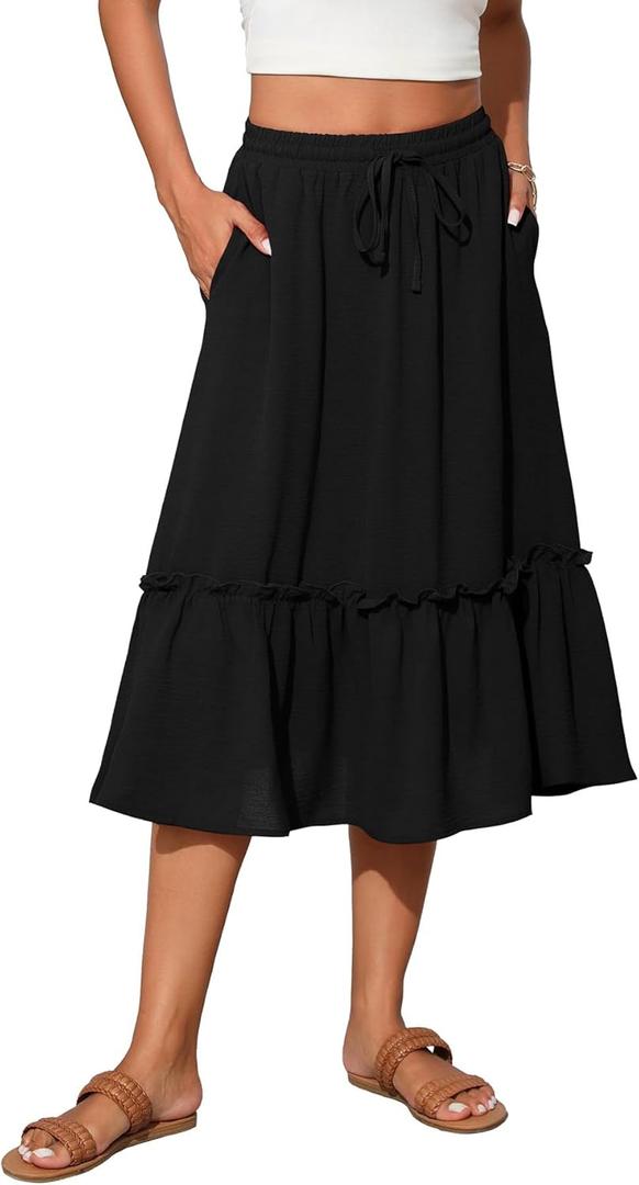 High Waist Tiered Skirts for Women Flowy Skirts for Women Below Knee with Pockets 2025 Fashion Trendy (Large, A-01 Black)