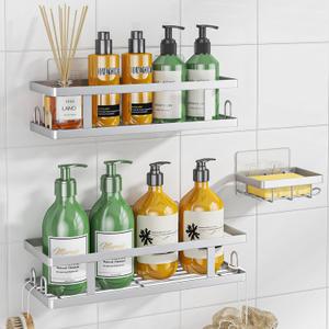 Adhesive Shower Caddy, 3 Pack Shower Shelves with Soap Holder and 12 Hooks, Rustproof No Drilling Bathroom Organizer and Storage, Silver