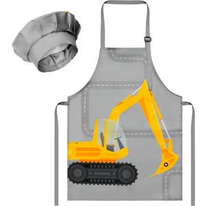 R HORSE 2Pcs Kid Apron And Chef Hat Set, Adjustable Excavator Children Kitchen Apron, Dress up Role Play Chef Toy, Kid Funny Cooking Baking Kit Gift for Boys Girls Birthday New Year Christmas Gift