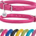 Rolled Leather Dog Collar Soft Round Collars, ID Tag for Small Medium Large Dogs(19-22 inch, Pink) (19 - 22 inch, Pink & Silver Buckle)