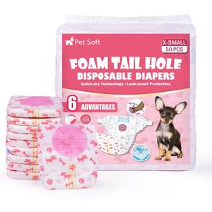 Pet Soft Disposable Dog Diapers - Female Dog Diapers with Adjustable Foam Tail Hole, Ultra Protection Puppy & Cat Diapers Wetness Indicator for Dogs in Heat or Incontinence,50pcs (XS,Red)
