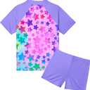 Girls Swimsuit Colorful Short Sleeve Bathing Suits UPF 50+ Rash Guard Set Two Piece Summer Swimwear (Purple)