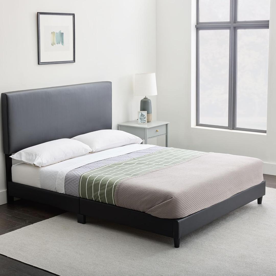 Edenbrook Platform Bed with Headboard No Box Spring Needed Faux Leather Upholstered Platform Bed Frame Low Profile Easy Assembly Black Queen Size