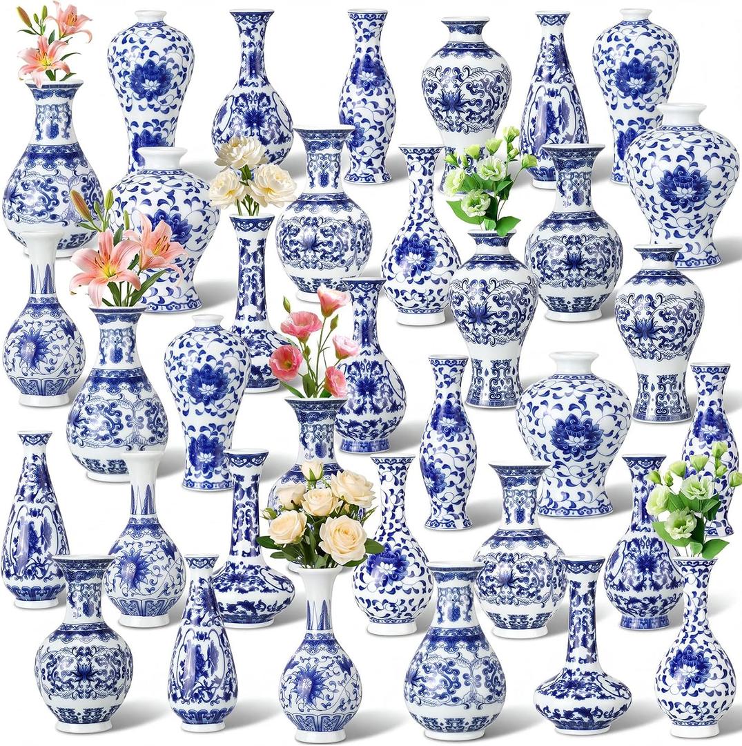 Maxcheck 36 Pcs Small Blue and White Porcelain Vase Mini Chinoiserie Bud