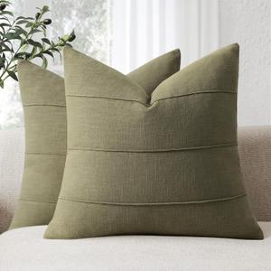 ZWJD Christmas Linen Throw Pillow Covers 18x18 Set of 2 Solid Handcrafted Striped Cushion Covers for Bed Soft Xmas Decorative Pillow Covers for Couch Bedroom Living Room Christmas Decor(Olive Green)