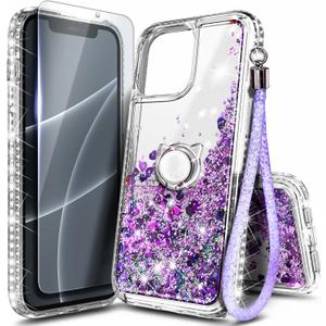 NGB Designed for iPhone 11 Pro-Max Case, Purple | Glitter Liquid Sparkle Cute Cover for Women Girls Kids | with Tempered Glass Screen Protector & Ring Holder & Wrist Strap