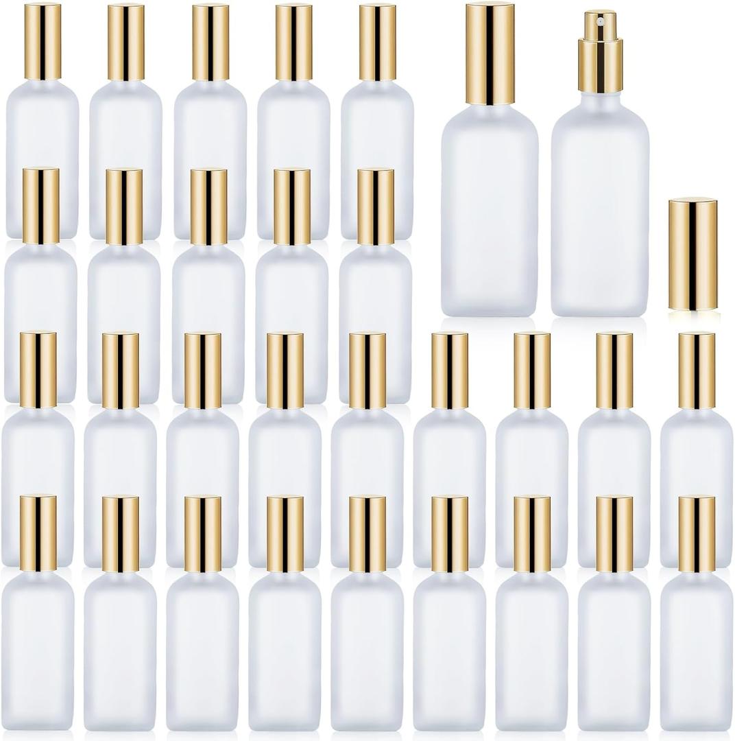 30 Pcs Glass Spray Bottle, 3.4 oz/ 100 ml Perfume Empty Bottles, Frosted Glass Spray Bottles, Refillable Clear Decorative Bottle with Gold Fine Mist Sprayer Pump for Face Body Travel