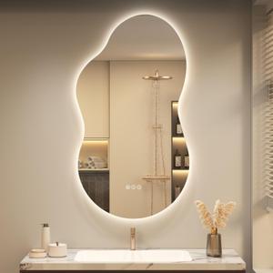 OKPAL Irregular Backlit Bathroom Mirror with Lights 20 x 36, Asymmetrical Cloud Led Lighted Vanity Mirror for Wall, Anit-Fog, Dimmable, Memory Function (Horizontal/Vertical)