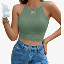 WDIRARA Women's Eyelet Halter Crop Top Lace Embroidery Slim Fitted Tops. Size Small