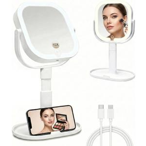 Makeup Mirror with Lights, 1X/10X Magnifying Mirror with Light, Rechargeable Lighted Makeup Mirror with Magnification, 3-Color Lighting, Height Adjustable 360 Rotation Desk Mirror, Gift for Women (White)