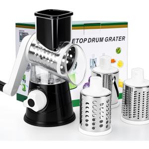 Rotary Cheese Grater Hand Crank Cheese Shredder with 3 Stainless Steel Blades, Rotary Grater, for Fresh Cheese, Vegetable, Nuts,Non-slip Suction Base, Black