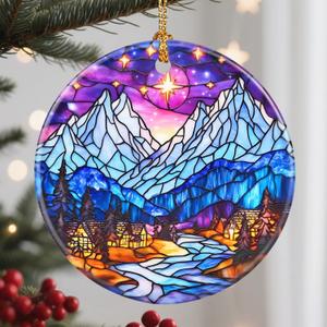 Christmas Ornaments, 2.8 Inch Ceramic Hanging Ornament, Christmas Tree Ornaments, Xmas Decorations, Holiday Decorations, Holiday Party Gifts, and Xmas Gift Ideas - Snow-Village Night (Night Court B)