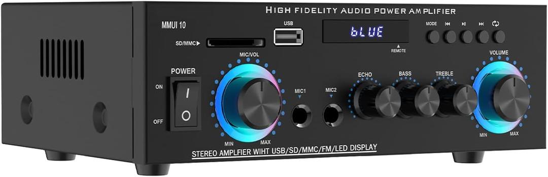 Stereo Audio Amplifier, Max 300W, 2 Channel Stereo Receiver, Wireless Bluetooth 5.0 Power Amplifier System for Home Theater Speakers, Karaoke, Garage, Home Amp with USB,SD,RCA,2 MIC in